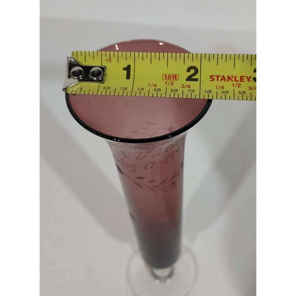Amethyst Purple Glass 1968 Glows Gren 8" Bud Vase Pedestal Base Art Personalized - Picture 8 of 10